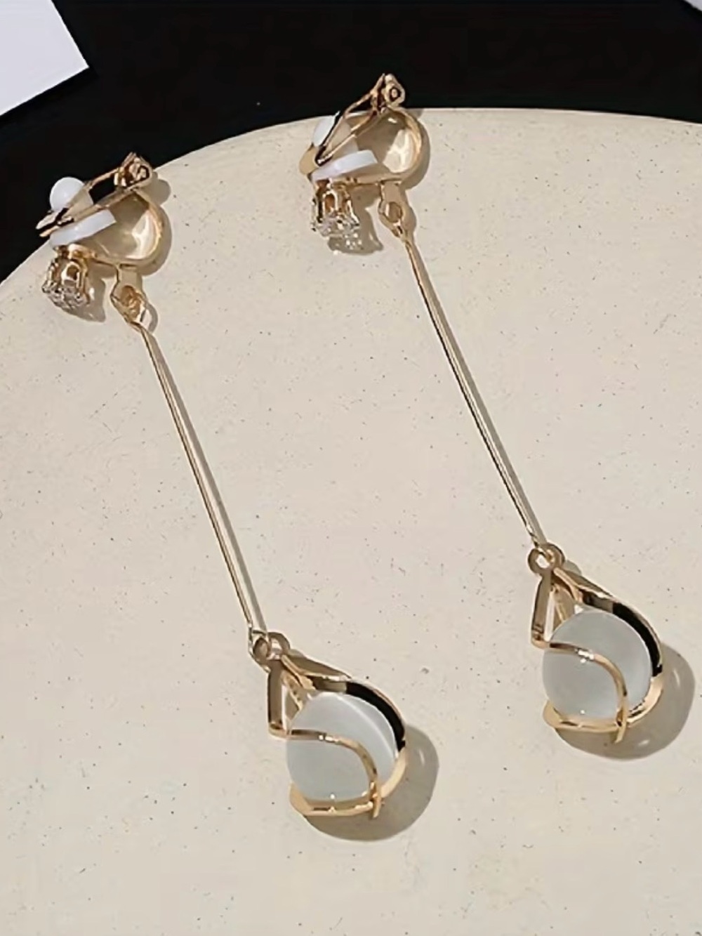 Gold Long Drop Earrings with White Stone - Women Jewelry